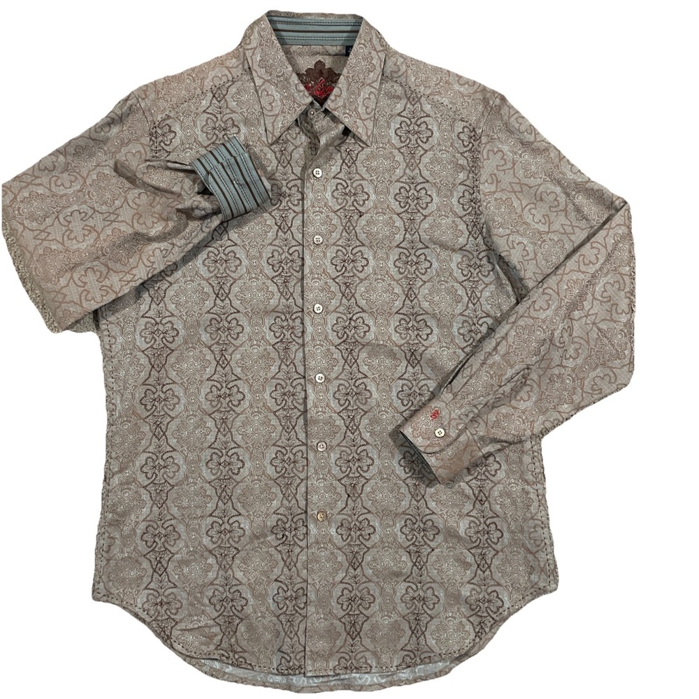 Robert Graham Mens Knowledge Wisdom Truth Abstract AOP Shirt Tan‎ Blue Small